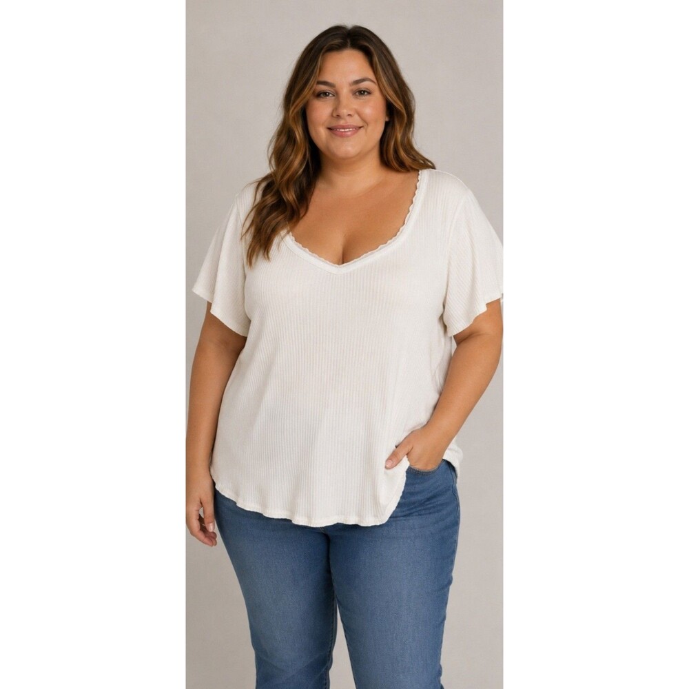 Old Navy 3X Plus Size White B Neck Lace Short Sleeve Top Ribbed NWT Womens